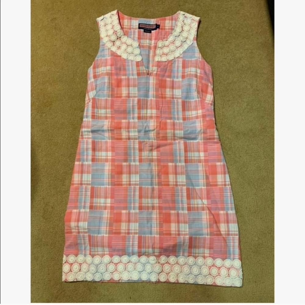 Vinyard Vines Harbor madras crochet lace trim shift dress sz 2